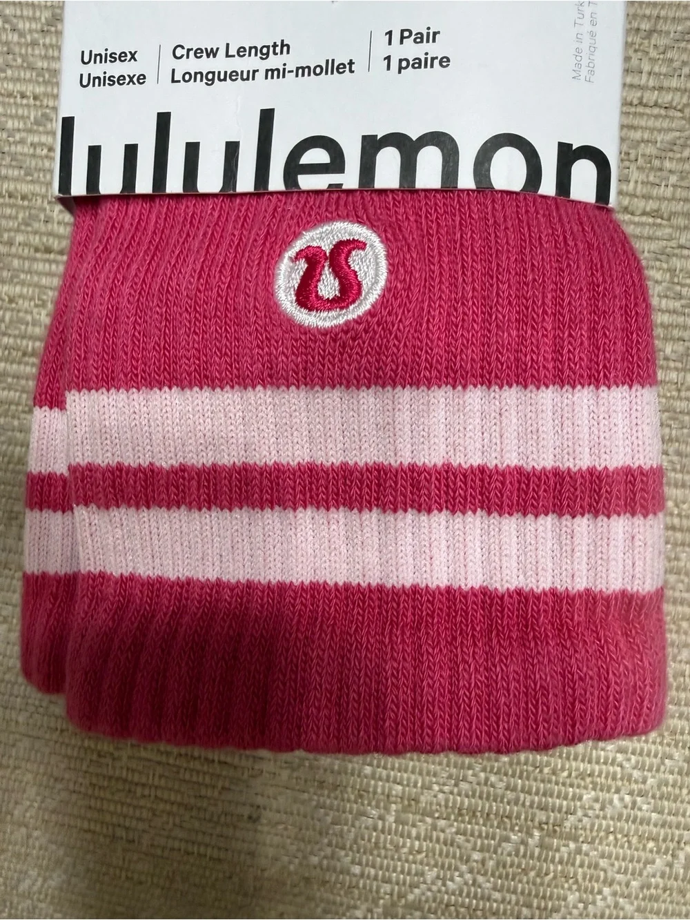 lululemon athletica Crew Socks in Bright Pink with Light Pink Stripes